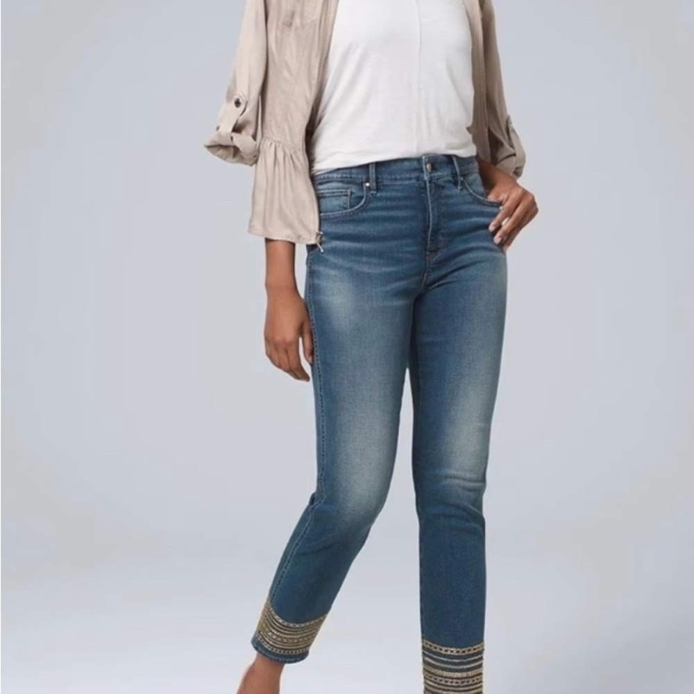 White House Black Market Women's High-Rise Gold Beaded Hem Slim Crop Jeans ✨
